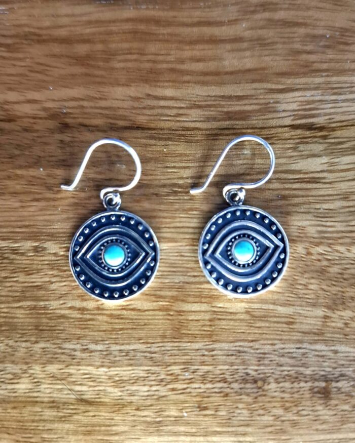 Aretes Colgantes Tribales Ojo Turco con Piedra Negra – Plata 925