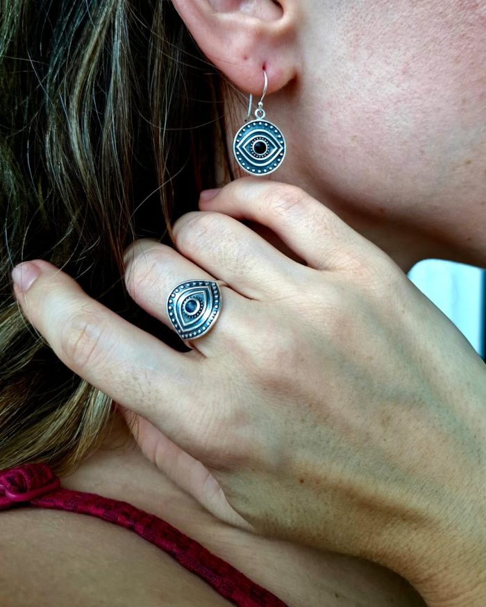 Pendientes Tribal Evil Eye con Onix en Plata Esterlina 925