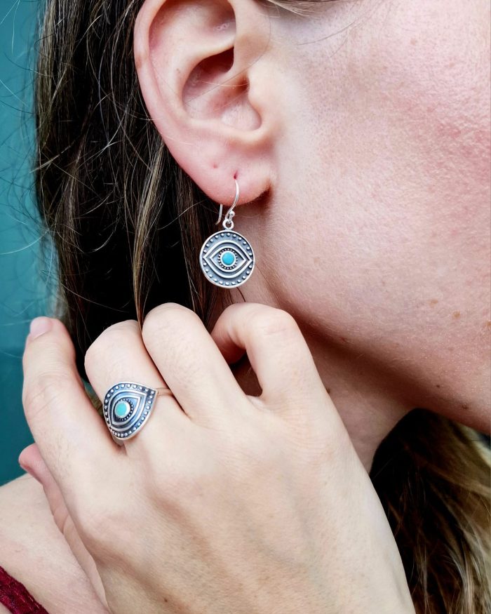 Tribal Evil Eye Black Stone Dangle 925 Silver Earrings